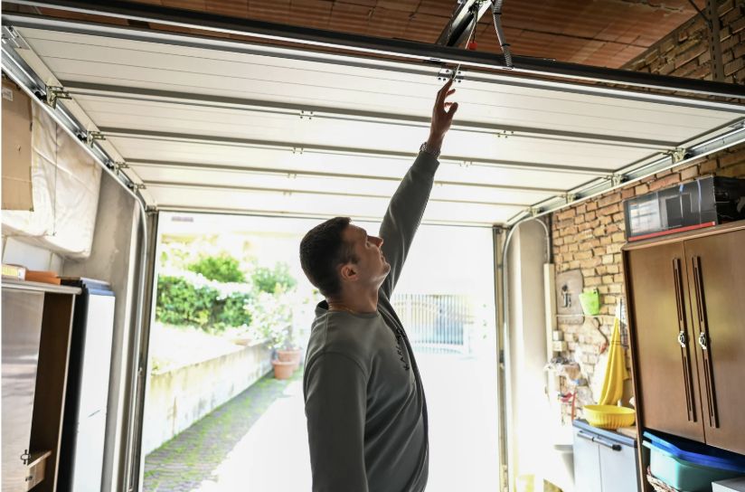 Technician inspecting garage door torsion spring and track in Brownsville home